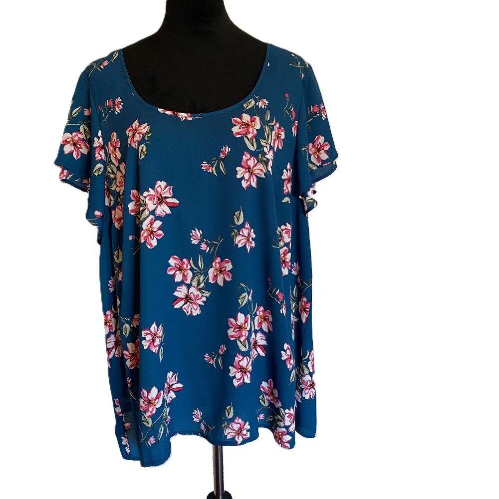 Torrid Teal with Pink Floral Swing Blouse Flared Sleeves Size 2X